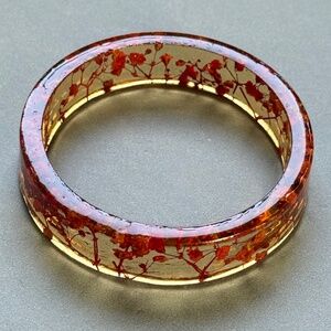 ARTISAN Bracelet Bangle Orange Resin with Dried Flowers Bohemian 7-3/4"